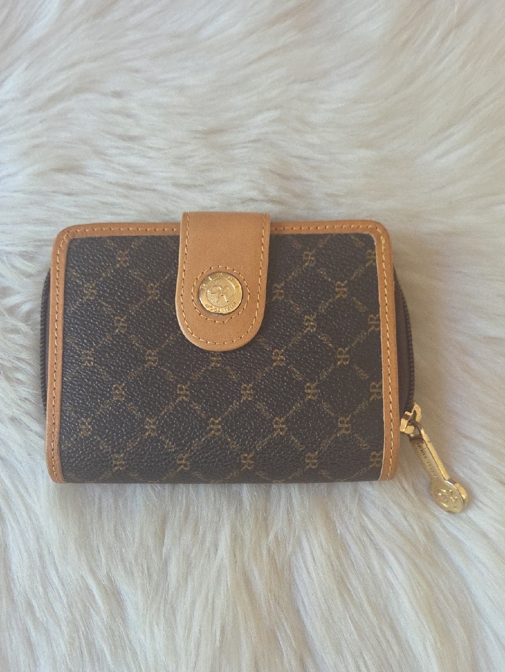 Rioni Italy Monogram Zip Wallet Brown Tan Small EUC